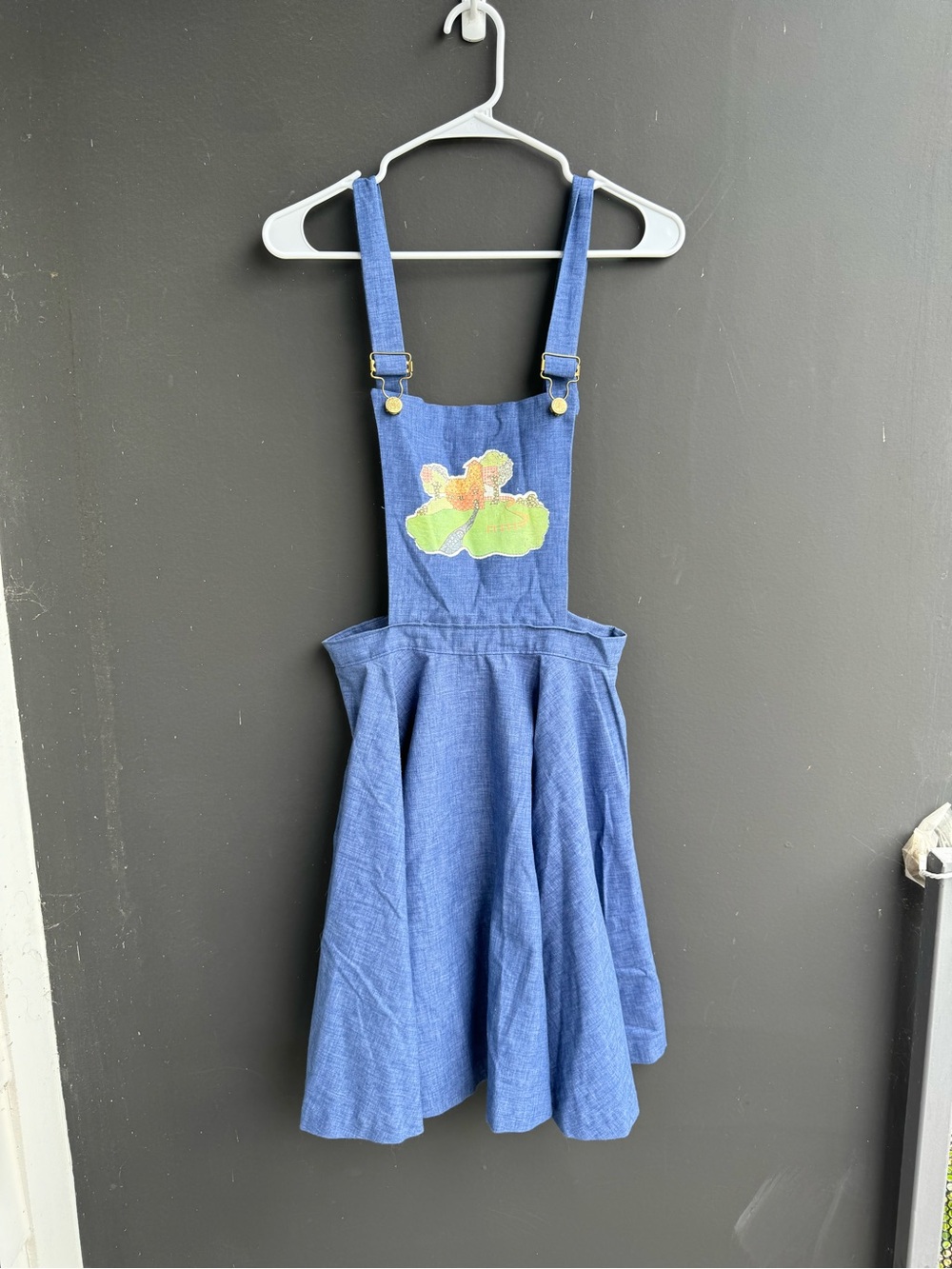 Blue Denim-Style Pinafore dress with Floral Patch